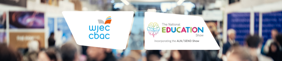 National Education Show and WJEC logos on top of a conference scene.