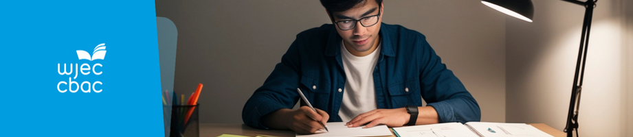 Learner studying at a desk with a dim light.